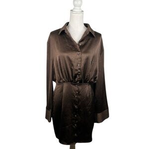 Oval Square Chocolate Brown Silky Button Down Long Sleeve Dress Size Medium